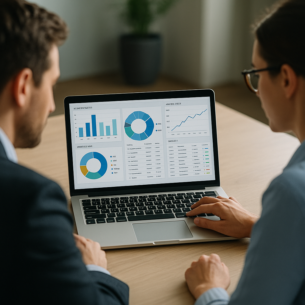 People reviewing data dashboard together on a laptop