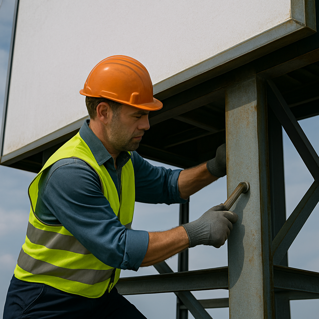 Technician working independently on a billboard structure